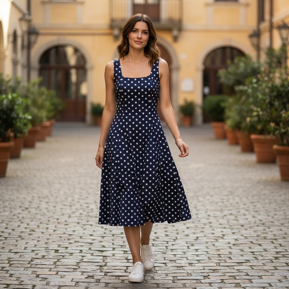 Chaps Polka Dot Dress 8 Navy Blue Excellent Sleeveless A-Line Fit & Flare